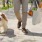 a dog on a leash walking next to a person holding a bag